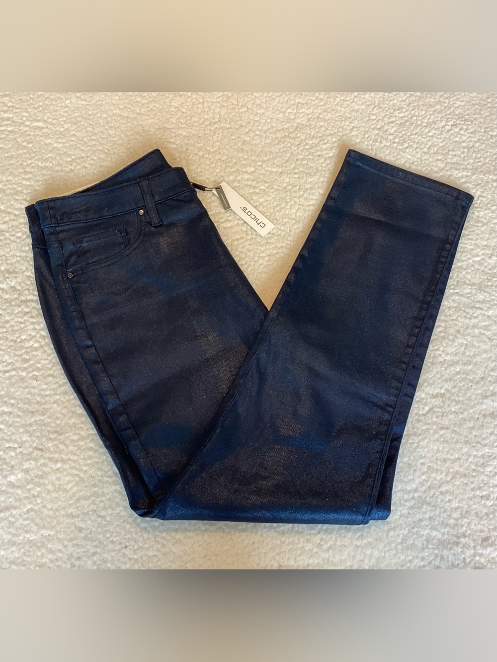 Chico’s So Slimming Metallic Blue Girlfriend Slim Jeans 1.5R 10 NWT Y2K Luxe